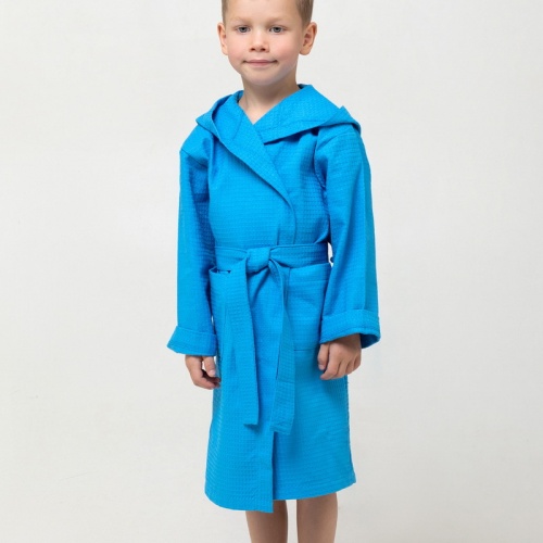 Детский вафельный халат с капюшоном (Ярко-голубой)