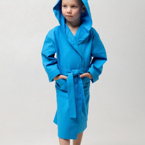 Детский вафельный халат с капюшоном (Ярко-голубой)
